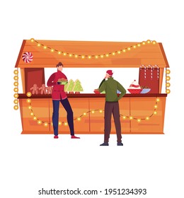 Christmas flat composition with view of fair stall with sweet cookies and people vector illustration