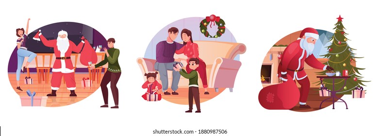 Christmas flat compositions with santa claus bringing gifts to people and congratulating on holiday isolated vector illustration