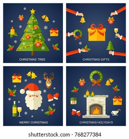 Christmas flat concept with happy holidays at home, christmas gifts and xmas tree isolated vector illustration on blue background. Happy new year greeting cards.