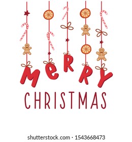 Christmas flat decorations. Merry Christmas. Dried oranges, gingerbread men, candy canes. Freehand vector flat illustration.