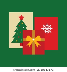 Christmas Flat Design Card Background with Tree, Snowflake, and Golden Gifts