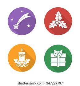 Christmas flat design icons set. Bethlehem falling star, mistletoe holly berries with leafs, holiday candle, new year present. Long shadow logo concepts. Vector white silhouette illustrations