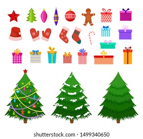 Christmas flat elements. Santa hat, gift boxes and xmas socks. Christmas trees with toys and gingerbread isolated flat vector set