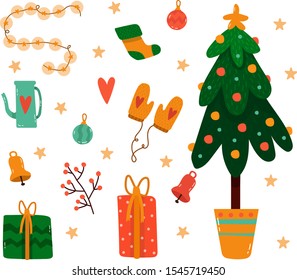Christmas flat elements. Santa hat, gift boxes and xmas socks. Christmas trees with toys  isolated flat vector set.Set with mittens, socks, gifts, toys, lanterns, amela, Christmas tree.