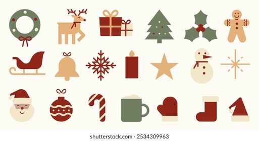 Christmas flat icon set. 20 vector illustrations. Festive seasonal graphic elements