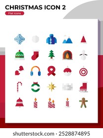 Christmas flat icon set. Icon of candy, fir tree, snowflake, snowman, socks, bell and more. Flat icons vector illustrations isolated on white transparent background