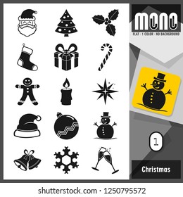 Christmas Flat Icon set. Mono collection. 15 flat transparent icons. All elements sorted and grouped in layers for easy editing
