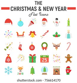 Christmas flat icon set, new year symbols collection, vector sketches, logo illustrations, holiday signs colorful solid pictograms package isolated on white background, eps 10.