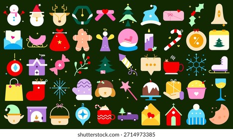 Christmas flat icon set. Winter holiday symbols with Santa, snowman, gifts, tree, candy cane, bell, snowflake, gingerbread, and festive elements. Colorful vector illustration.