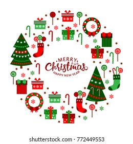 Christmas flat icons in a circle. Merry Christmas and Happy New Year lettering. Flat design template. Hand drawn vector illustration.