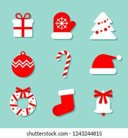 Christmas flat icons collection. Set of 9 elements for New Year decoration: gift, mitten, christmas tree, ball, candy cane, Santa's hat, wreath, sock and bell. Vector icons for web site
