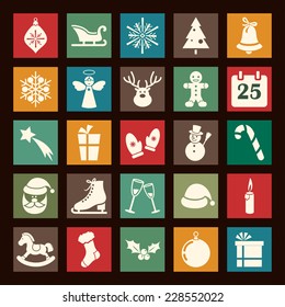 Christmas flat icons A collection of twenty five simple icons on a colorful background