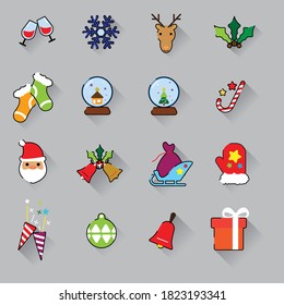 Christmas flat icons color thin lines drawing with long Shadows on background. ornaments and decoration, flat design. illustrator vector.