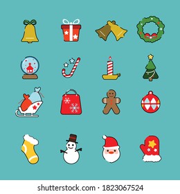 Christmas flat icons drawing color thin lines on background. ornaments and decoration, flat design. illustrator vector.