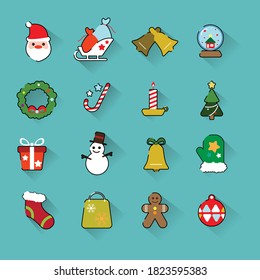 Christmas flat icons drawing color thin lines with shadow on background. ornaments and decoration, flat design