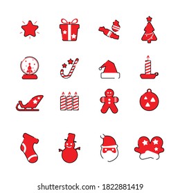Christmas flat icons drawing with red color thin lines on white background. ornaments and decoration, flat design. illustrator vector.