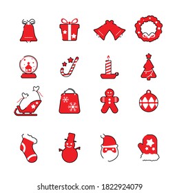 Iconos planos de Navidad dibujando con líneas delgadas de color rojo sobre fondo blanco. adornos y decoración, diseño plano