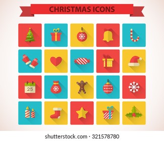 Christmas flat icons with long shadow effect