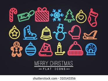 Christmas flat icons in neon style drawing with color thin lines on black background