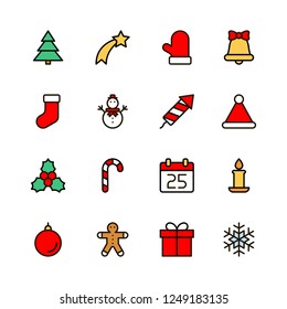 Christmas flat icons set drawing with thin lines. Outline symbols of Happy New Year, Xmas holiday celebration. Editable stroke. Vector illustration, eps10