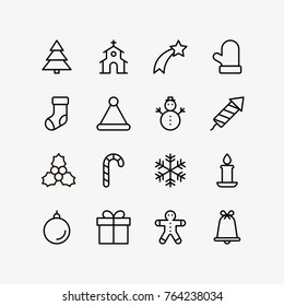 Christmas flat icons set drawing with thin lines. Outline symbols of Happy New Year, Xmas holiday celebration. Editable stroke. Vector illustration, eps10