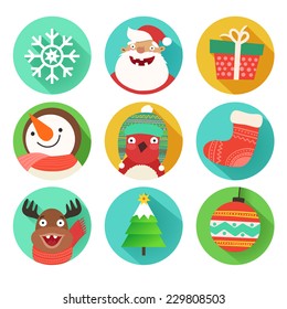 Christmas flat icons set with Santa Claus, gift, deer, snowman, christmas stocking, tree, bullfinch, snowflake and christmas ball. Vector colorful illustration in flat design style isolated on white