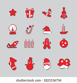 Christmas flat icons sticker drawing with red color thin lines on gray background. ornaments and decoration, flat design