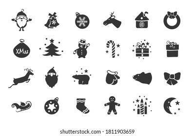 Christmas flat icons for web design and mobile app. Black pictures on white background. Sweet christmas candy cane, gingerbread house, man and other