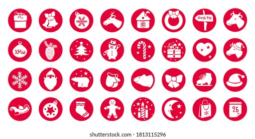 Christmas flat icons for web design and mobile app. Beige pictures on red circles. Sweet christmas candy cane, gingerbread house, man, bull head