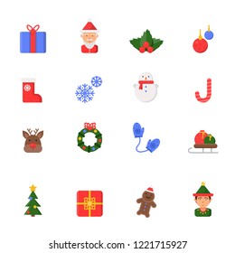 Christmas flat icons. Winter celebration vector symbols santa boots candles snowman bells and christmas tree isolated. Illustration of candy and snow, reindeer and snowflake