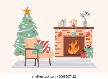 Christmas flat illustration. Fireplace, decorated Christmas tree and armchair in the room. Home comfort. New Year's festive atmosphere. Winter holidays attributes.