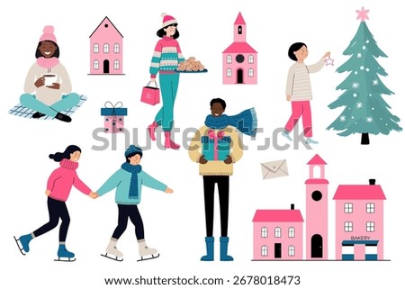 Christmas flat illustration. People in winter clothes with gifts, packages, cozy houses. Minimal style. Pink colors