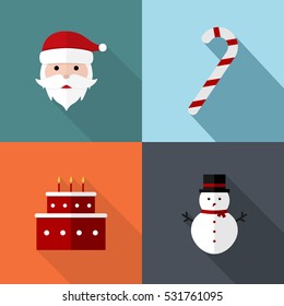Christmas Flat Illustration Set. Long Shadow Icons