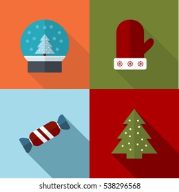 Christmas Flat Illustration Set. Long Shadow Icons