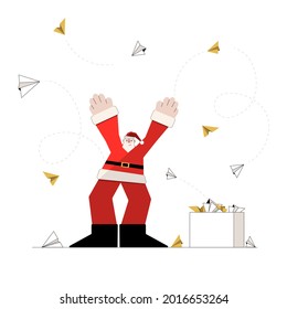 Las Ilustraciones de Navidad planas aisladas en blanco en un estilo plano. El gustoso y feliz Papá Noel atrapa cartas aviones, correos con deseos y deseos escritos. Para tarjetas de Navidad, carteles.