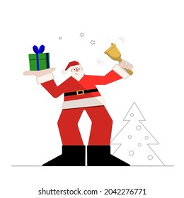 The Christmas Flat Illustrations isolated on white in a flat style. Tasty funny Santa Claus with present. For Christmas cards, banners. Premade vector card. EPS 10.