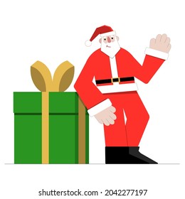 Las Ilustraciones de Navidad planas aisladas en blanco en un estilo plano. El delicioso y divertido Santa Claus con regalo. Para tarjetas de Navidad, carteles.