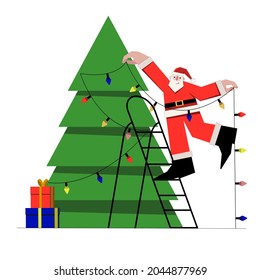 The Christmas Flat Illustrations isolated on white in a flat style.  Santa decorates the Christmas tree. Under the tree stands gifts boxes, with presents. For Christmas cards, banners.