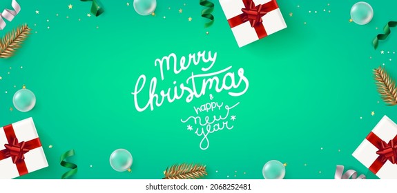 Christmas flat lay background with holiday elements. Realistic vector illustration