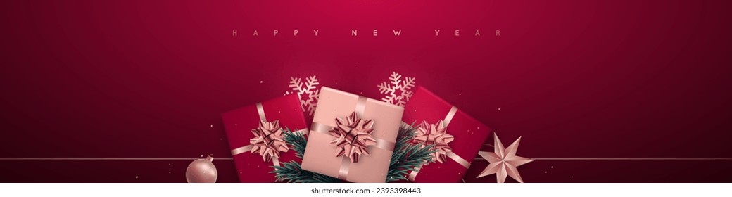 Christmas flat lay composition on red background. Realistic gift boxes, balloons and snowflakes. Ideal for web header, banner, social media.