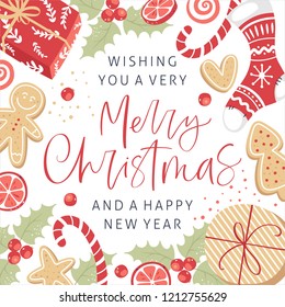 Christmas flat lay design with gift boxes, gingerbread cookies, candys, sock, berries and hand drawn lettering. Isolated on white background.