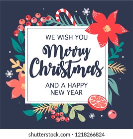 Christmas flat lay design with gift boxes.  Wrapping paper or fabric. Christmas and new year element, poster for your design.  Merry Christmas calligraphy with hand drawn decorative frame.