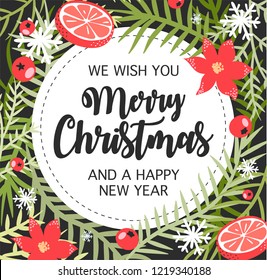 Christmas flat lay design with gift boxes.  Wrapping paper or fabric. Christmas and new year element, poster for your design.  Merry Christmas calligraphy with hand drawn decorative frame.