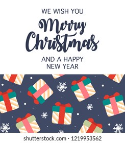 Christmas flat lay design with gift boxes.  Wrapping paper or fabric. Christmas and new year element, poster for your design.  Merry Christmas calligraphy with hand drawn decorative frame.