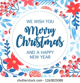 Christmas flat lay design with gift boxes.  Wrapping paper or fabric. Christmas and new year element, poster for your design.  Merry Christmas calligraphy with hand drawn decorative frame.