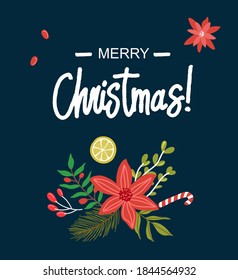 Christmas flat lay design with gift boxes.  Wrapping paper or fabric. Christmas and new year element, poster for your design.  Merry Christmas calligraphy with hand drawn decorative frame.