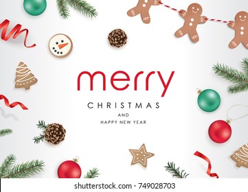 Christmas flat lay design with gift box, ribbons, Christmas ornaments, cookies, pine cones and fir branches