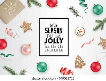 Christmas flat lay design with gift box, ribbons, Christmas ornaments, cookies, pine cones and fir branches