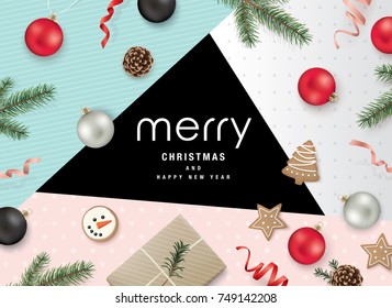 Christmas flat lay design with gift box, ribbons, Christmas ornaments, cookies, pine cones and fir branches on modern abstract background