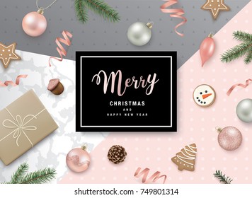 Christmas flat lay design with gift box, ribbons, Christmas ornaments, cookies, pine cones and fir branches on modern abstract background